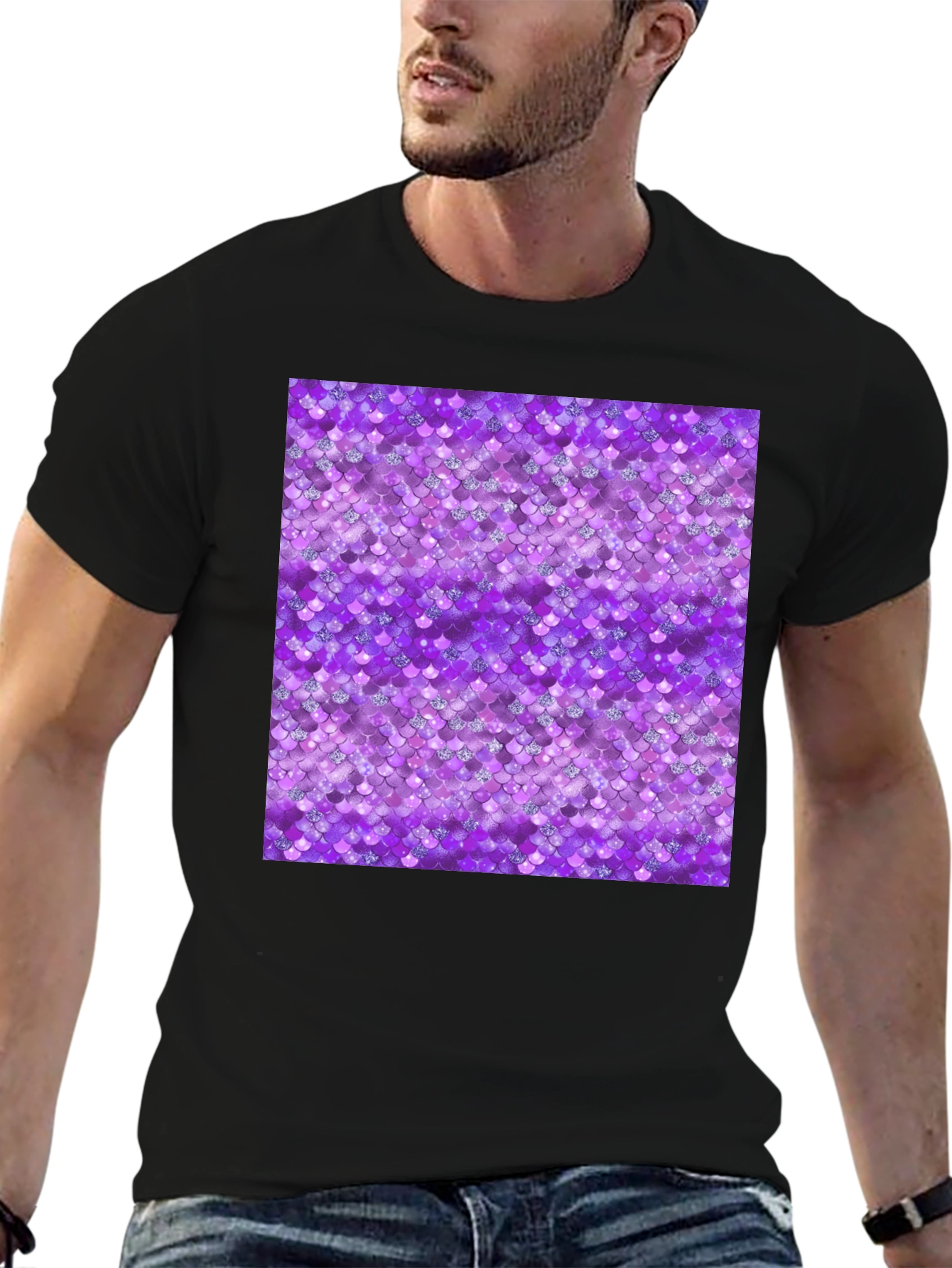Purple Mermaid Scales Pattern Black T-Shirt