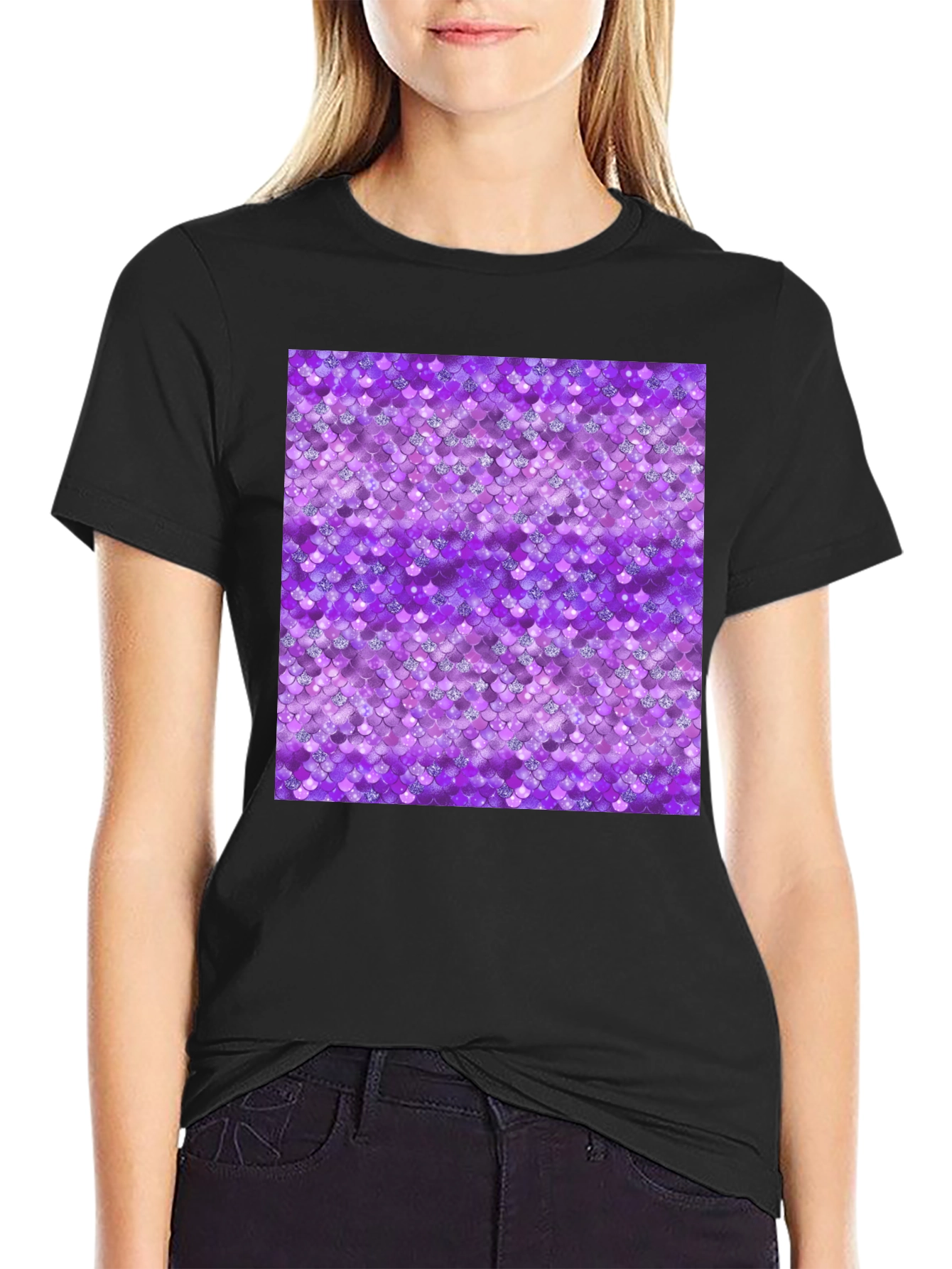 Purple Mermaid Scales Pattern Black T-Shirt