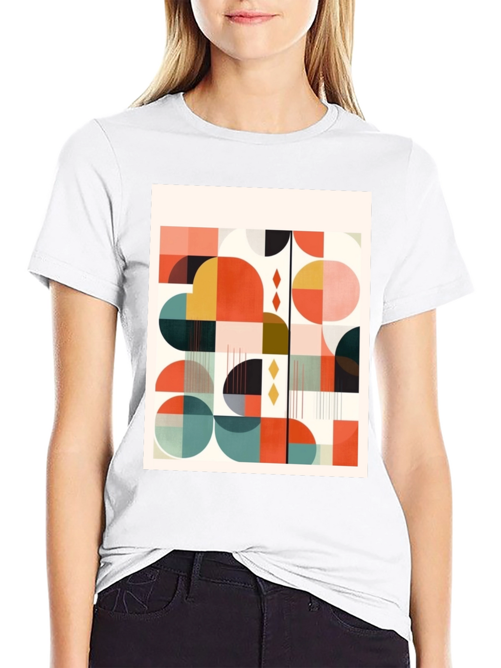 Retro Geometric Print Tee - Modern Art Design