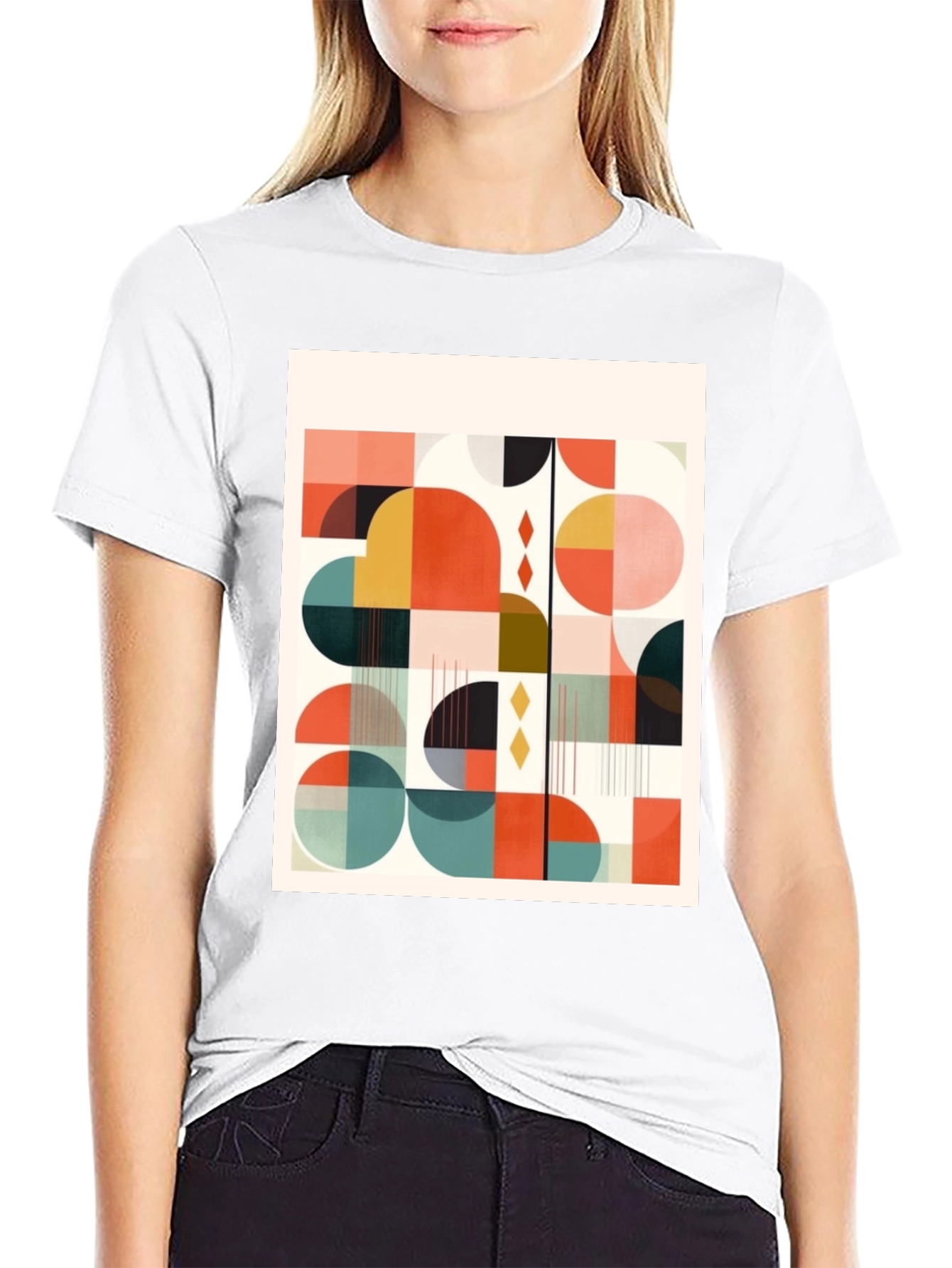 Retro Geometric Print Tee - Modern Art Design