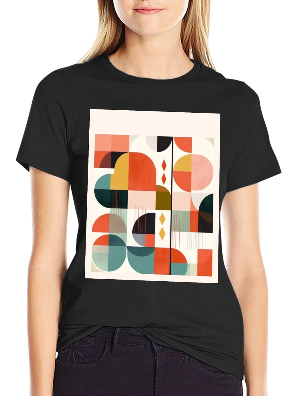 Retro Geometric Print Tee - Modern Art Design