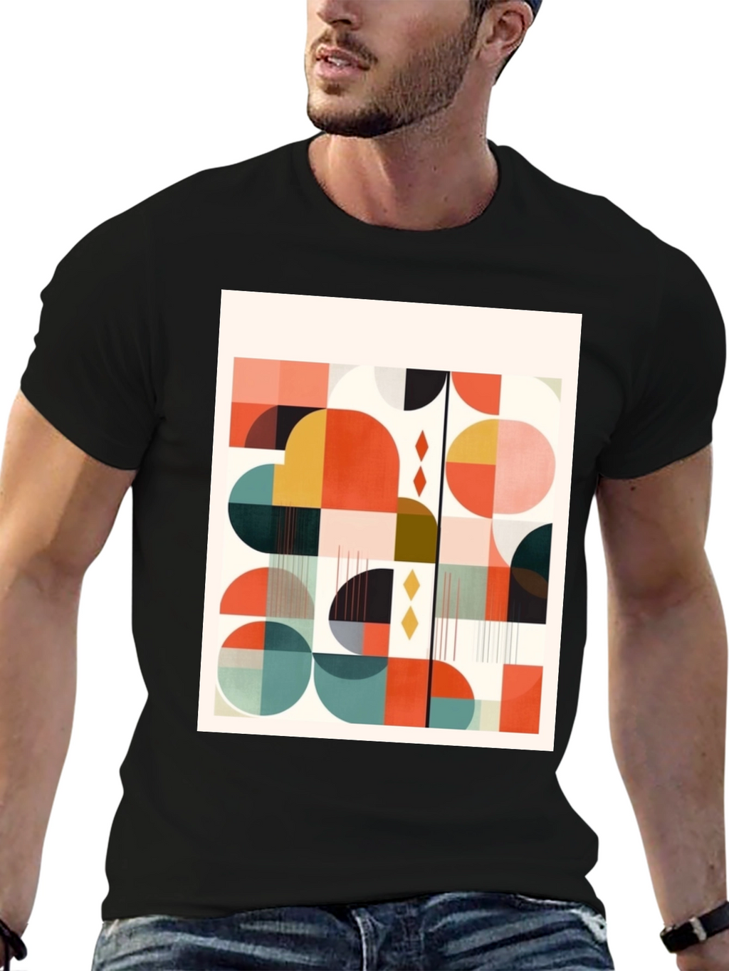 Retro Geometric Print Tee - Modern Art Design