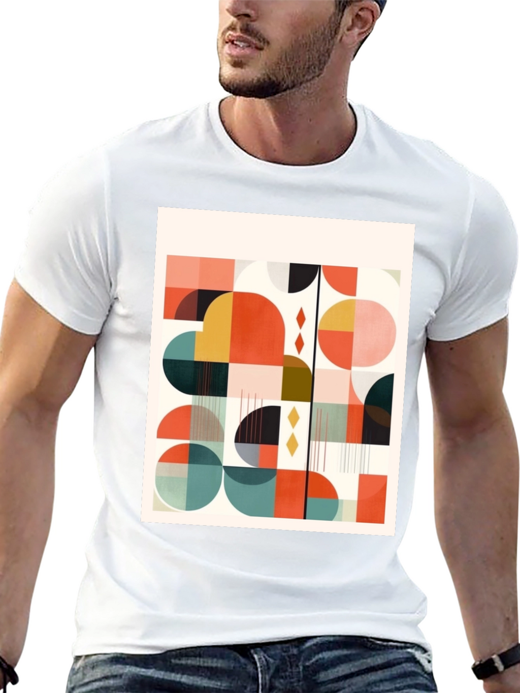 Retro Geometric Print Tee - Modern Art Design
