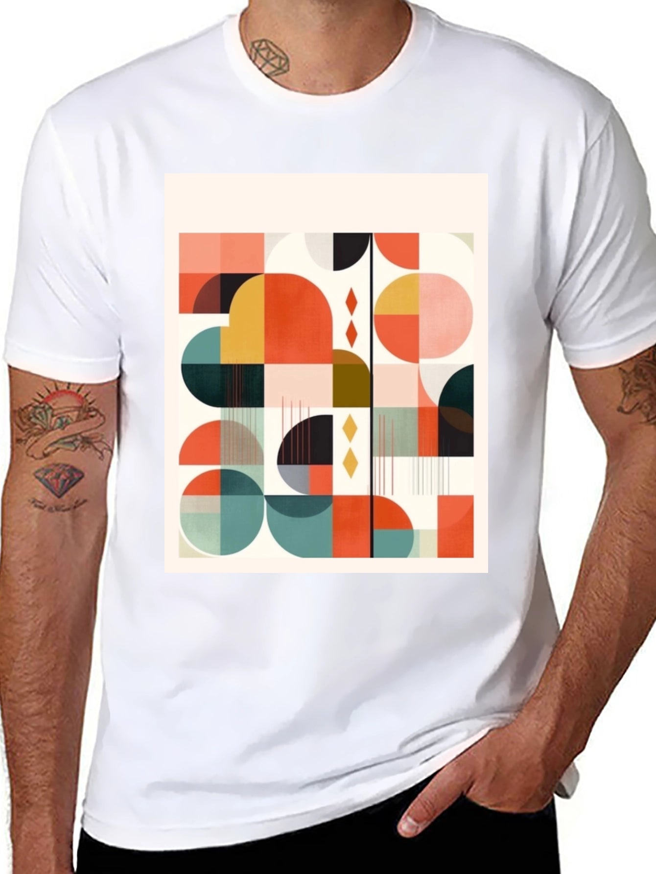 Retro Geometric Print Tee - Modern Art Design