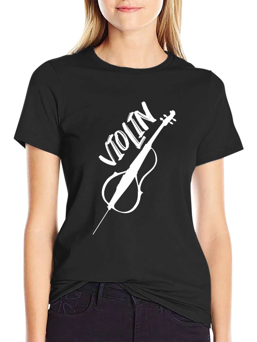 Violin Graphic Tee - Black Crew Neck Casual T-Shirt