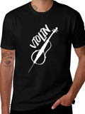Violin Graphic Tee - Black Crew Neck Casual T-Shirt