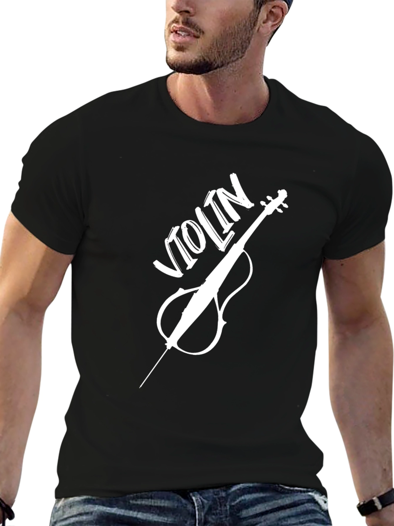 Violin Graphic Tee - Black Crew Neck Casual T-Shirt