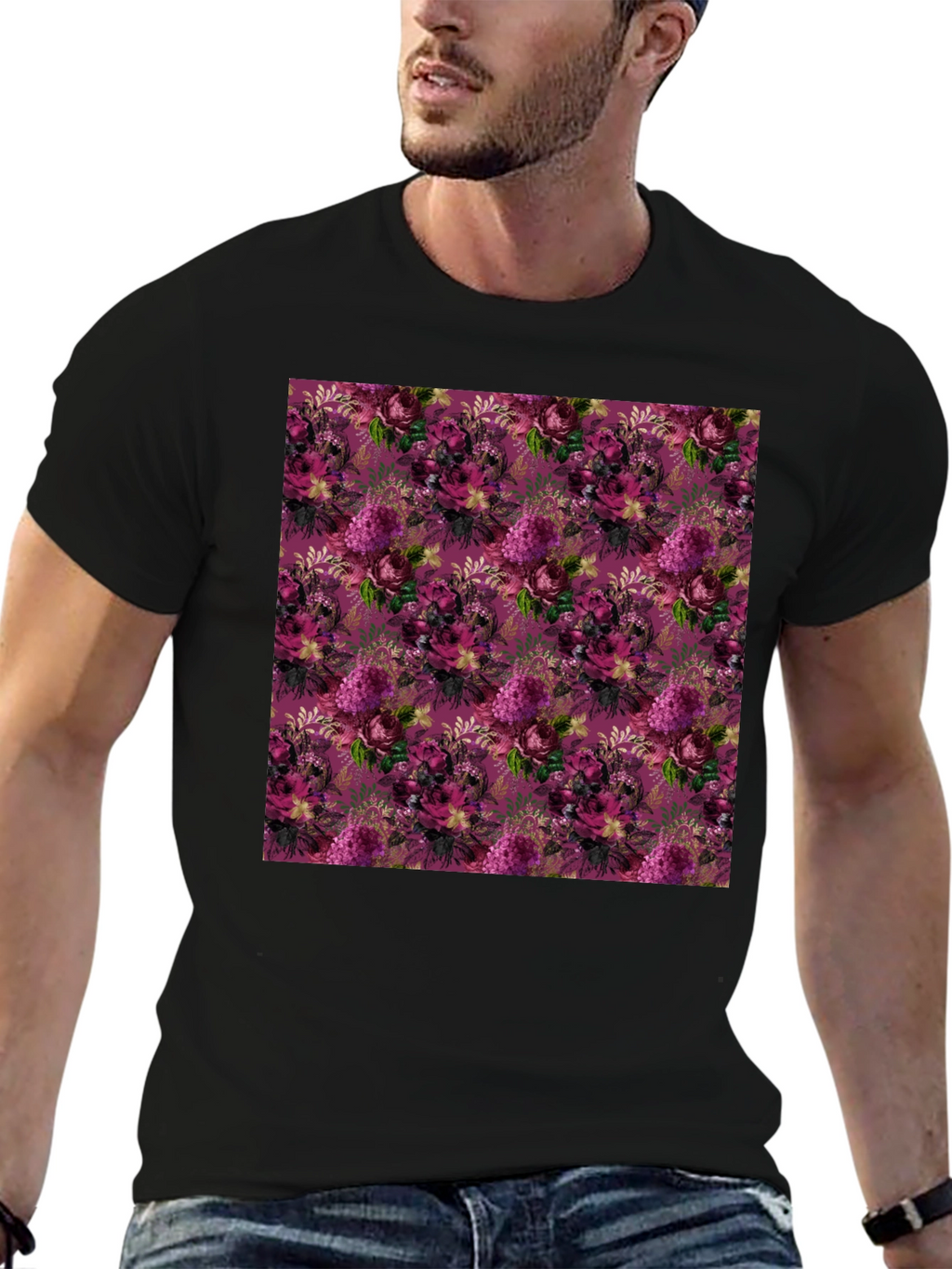 Floral Burst Black T-Shirt - Stylish Patterned Tee