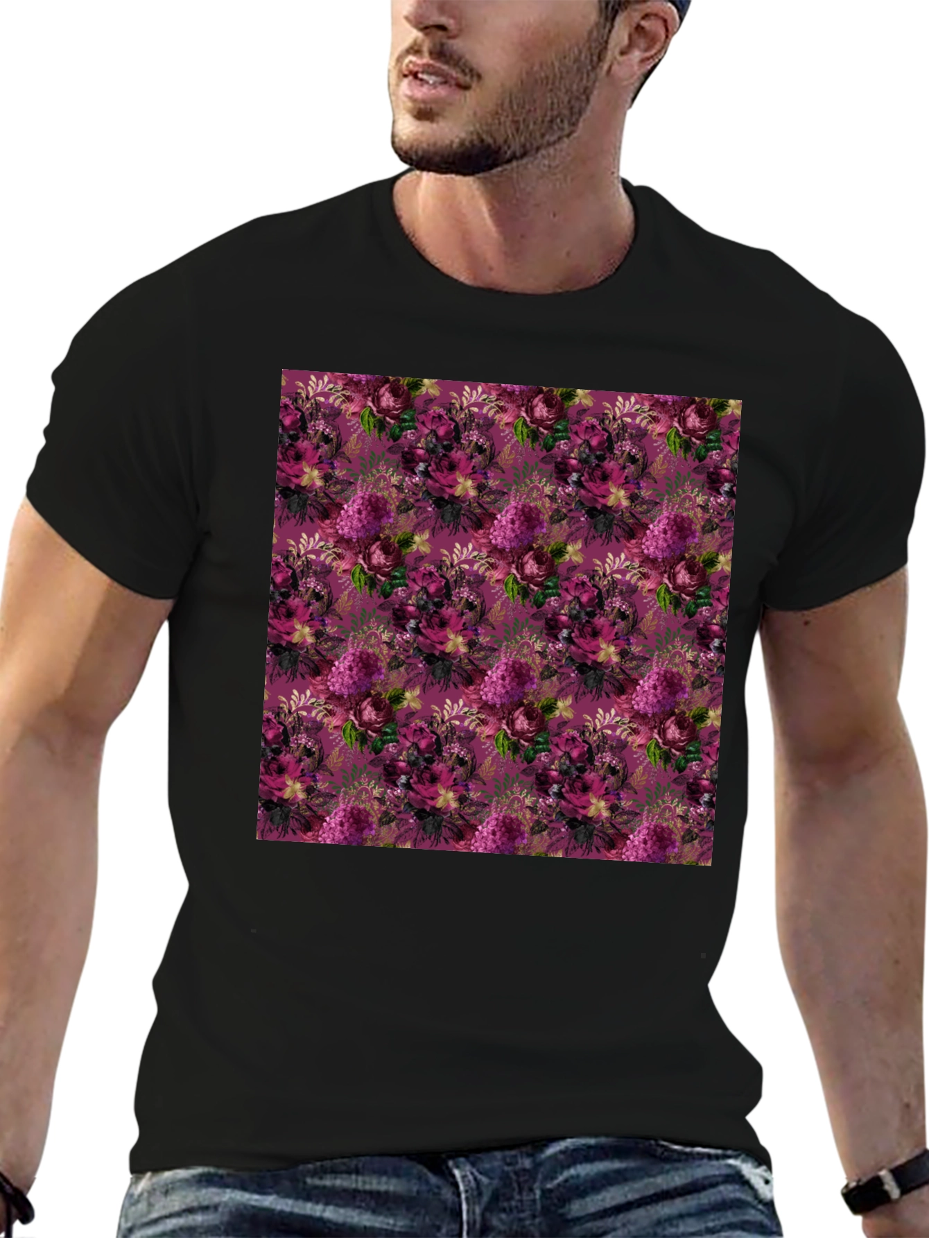 Floral Burst Black T-Shirt - Stylish Patterned Tee