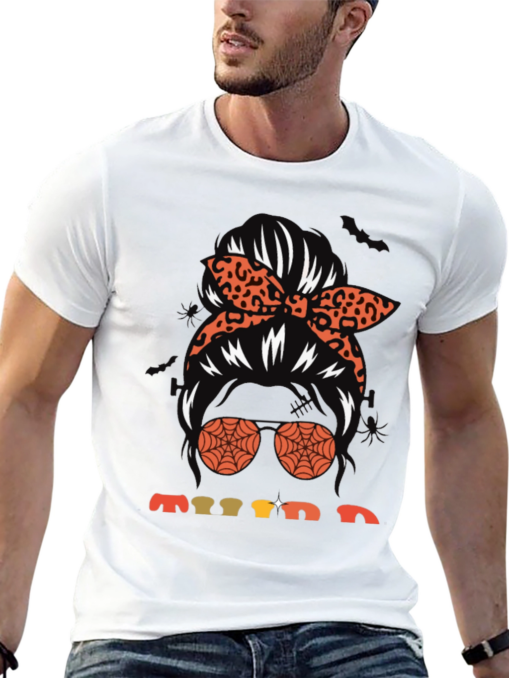 Spooky Vibes Messy Bun Graphic Tee - Halloween Style