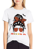 Spooky Vibes Messy Bun Graphic Tee - Halloween Style