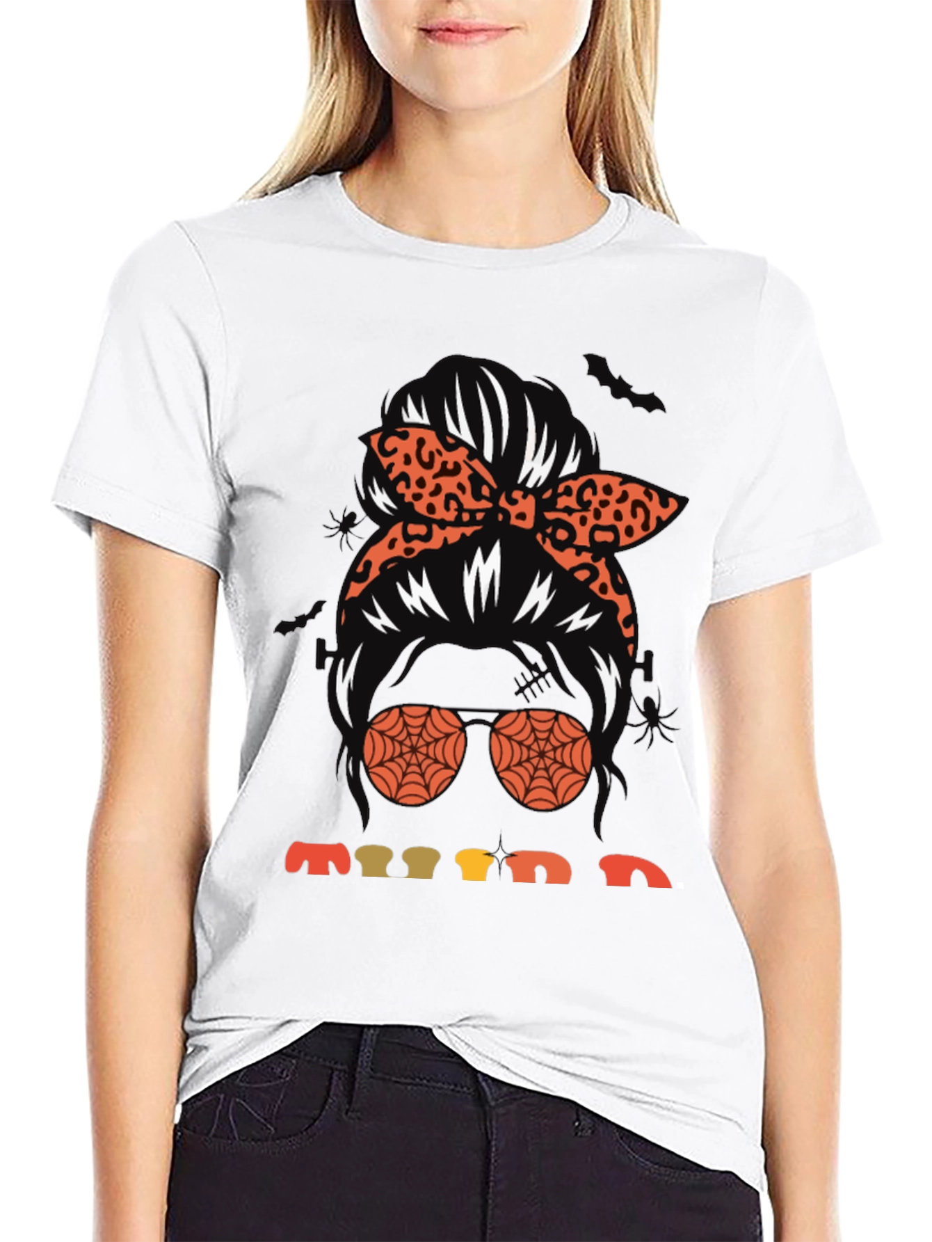 Spooky Vibes Messy Bun Graphic Tee - Halloween Style