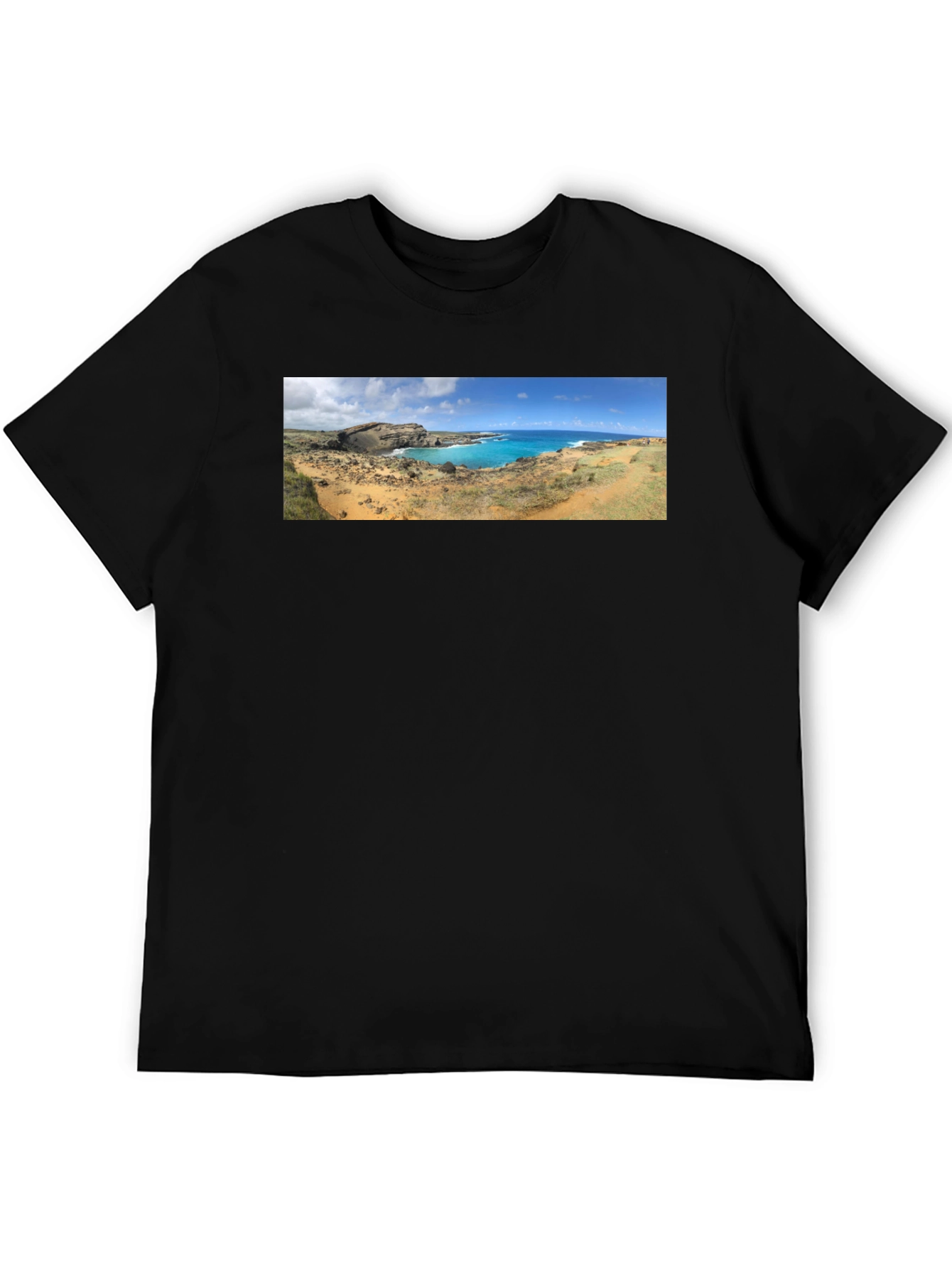 Scenic Coastline Panorama Black T-Shirt