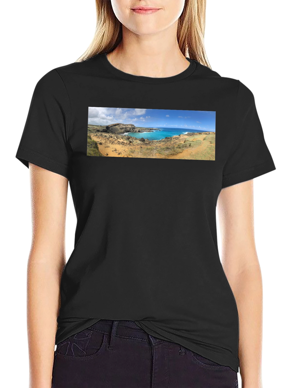 Scenic Coastline Panorama Black T-Shirt