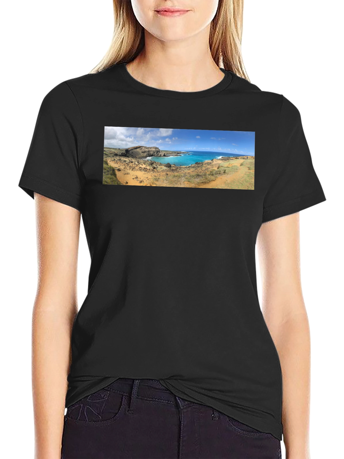 Scenic Coastline Panorama Black T-Shirt