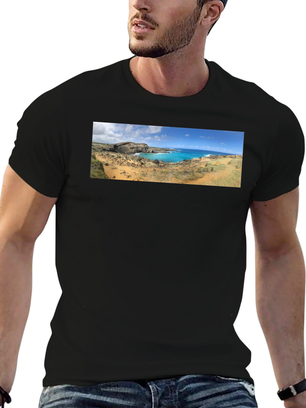 Scenic Coastline Panorama Black T-Shirt