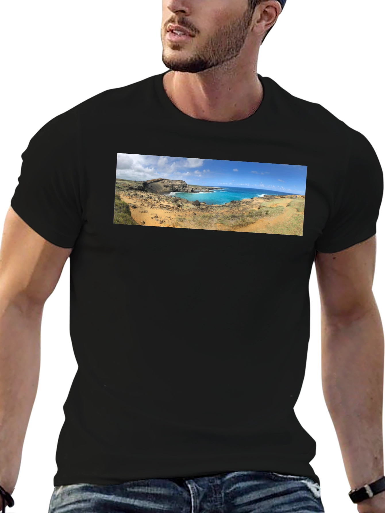 Scenic Coastline Panorama Black T-Shirt