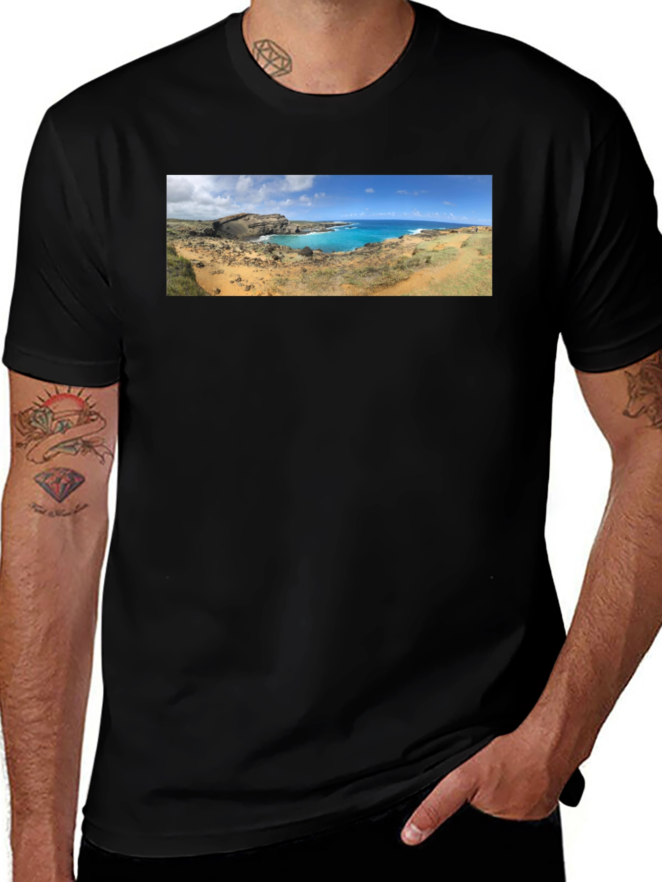 Scenic Coastline Panorama Black T-Shirt