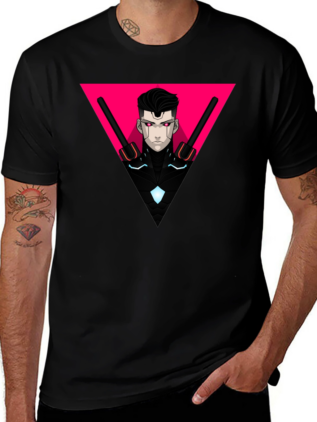 Cyberpunk Warrior Black T-Shirt Geometric Design