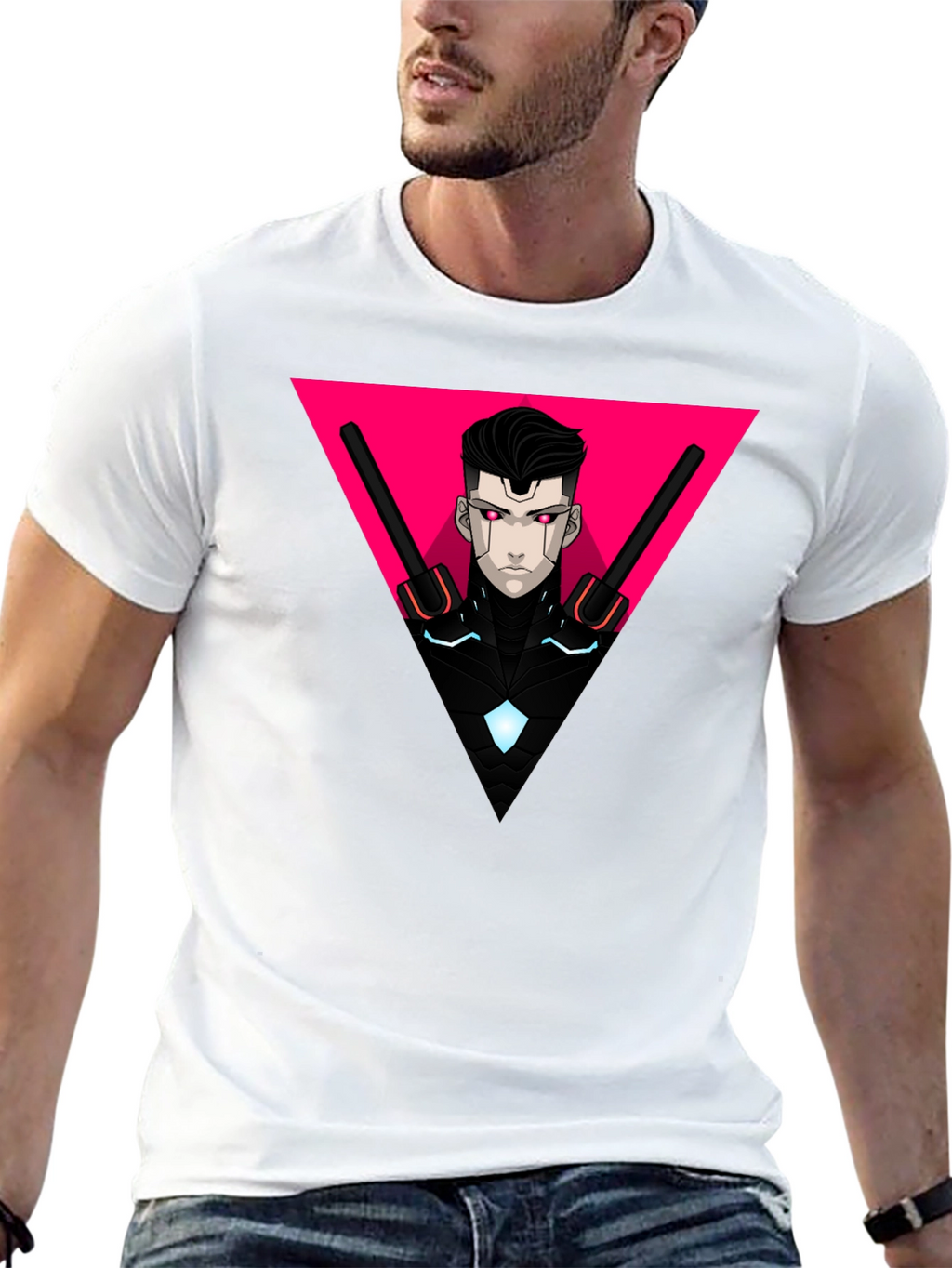 Cyberpunk Warrior Black T-Shirt Geometric Design