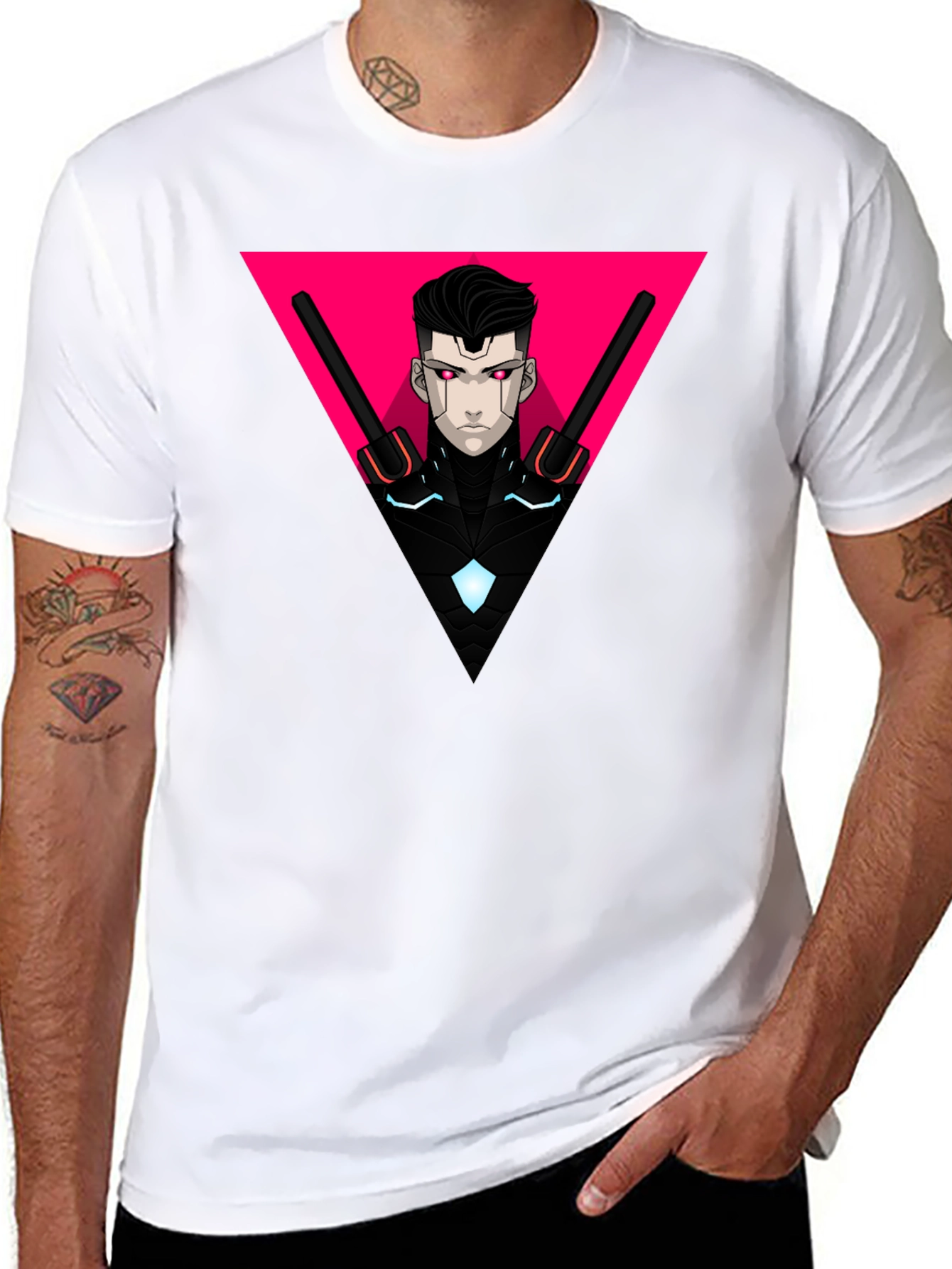 Cyberpunk Warrior Black T-Shirt Geometric Design