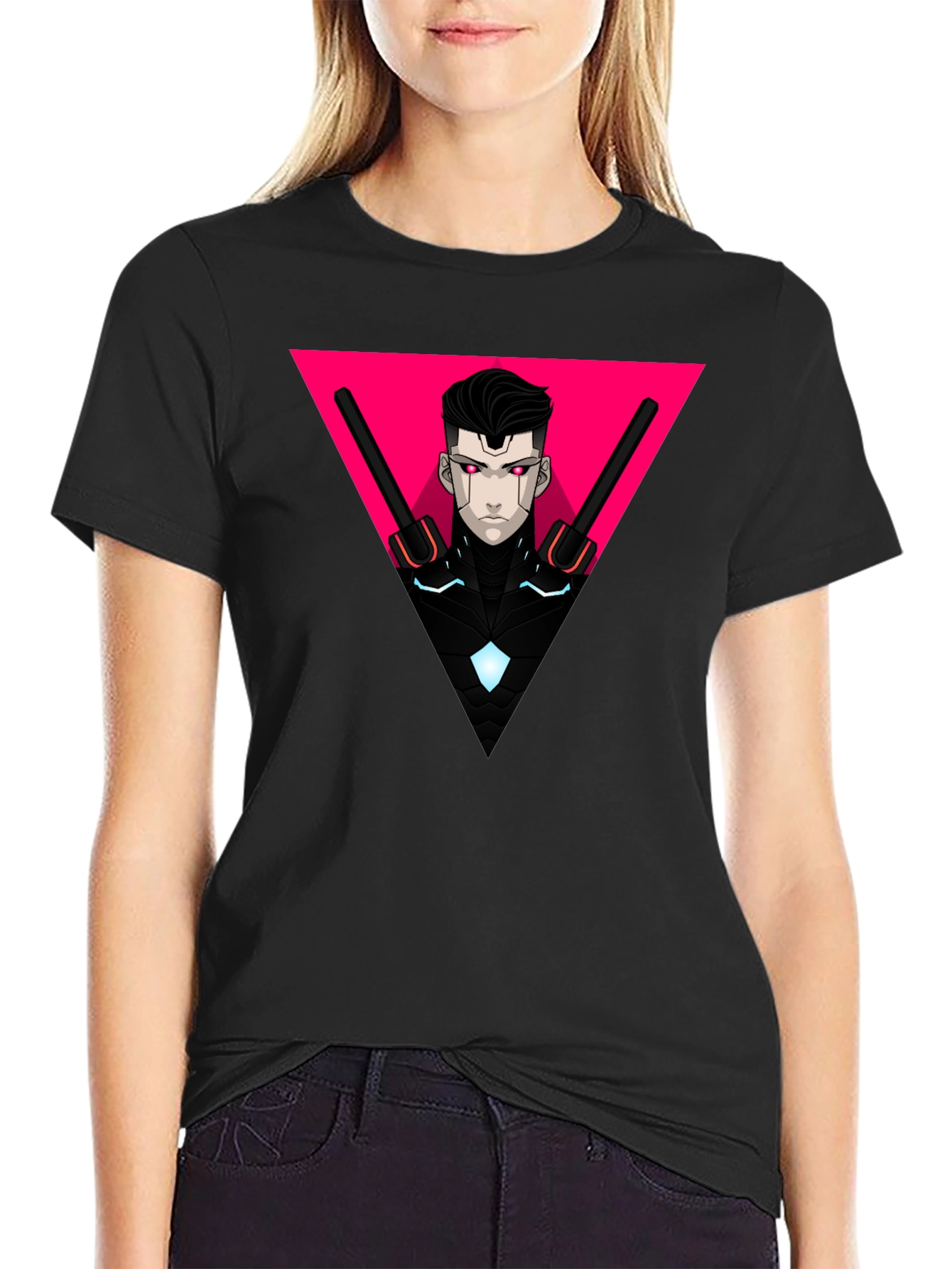 Cyberpunk Warrior Black T-Shirt Geometric Design