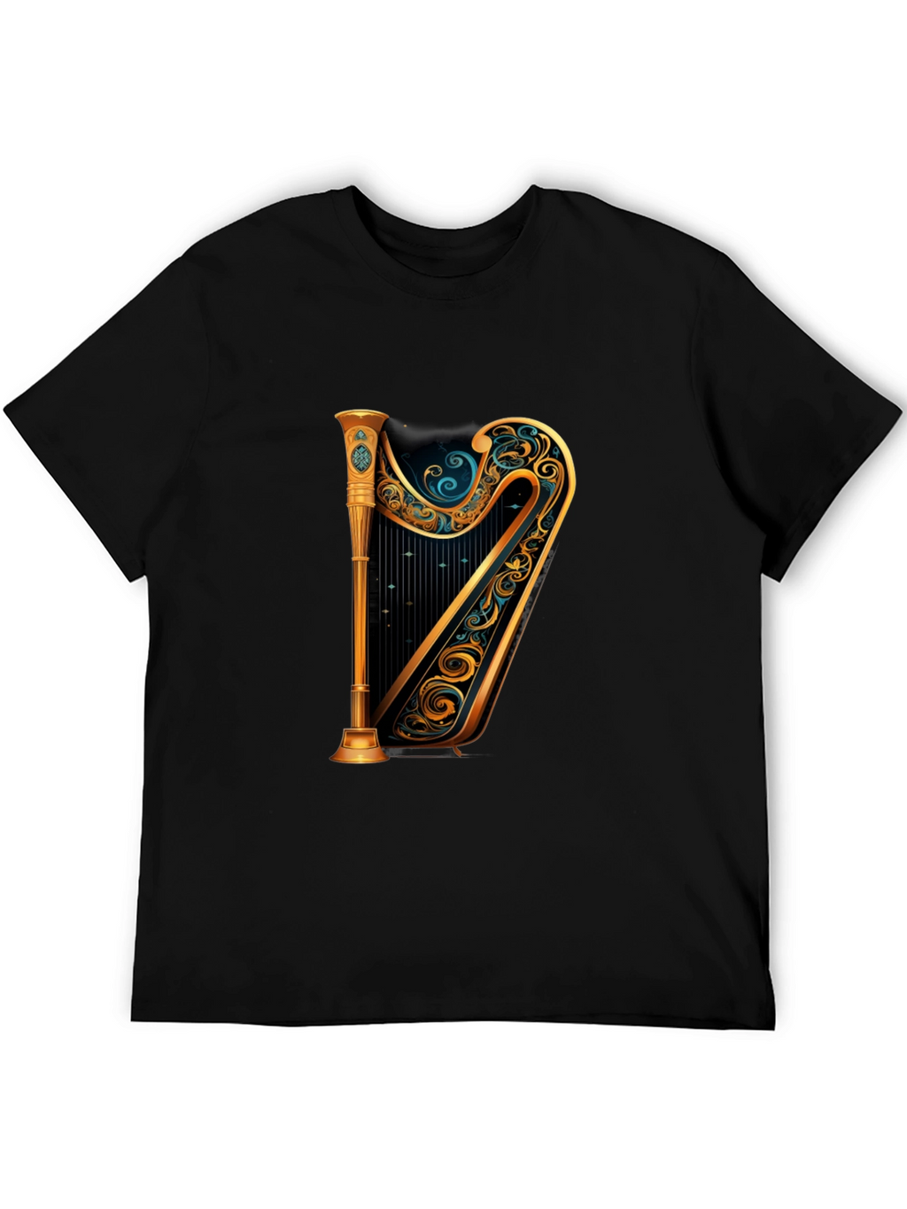 Elegant Golden Harp Graphic Black T-Shirt