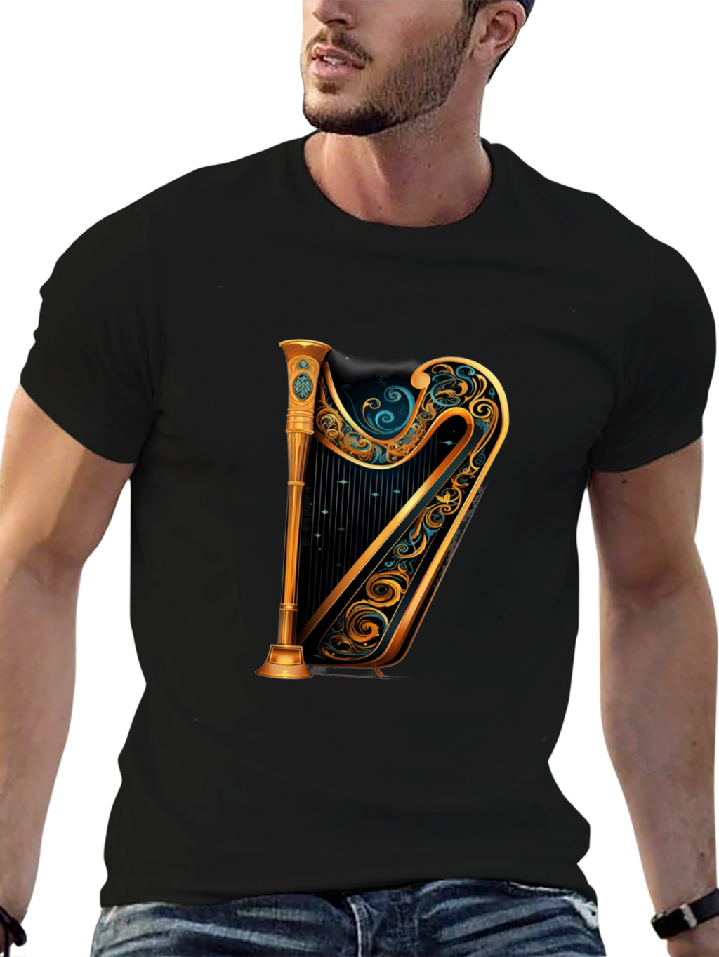 Elegant Golden Harp Graphic Black T-Shirt