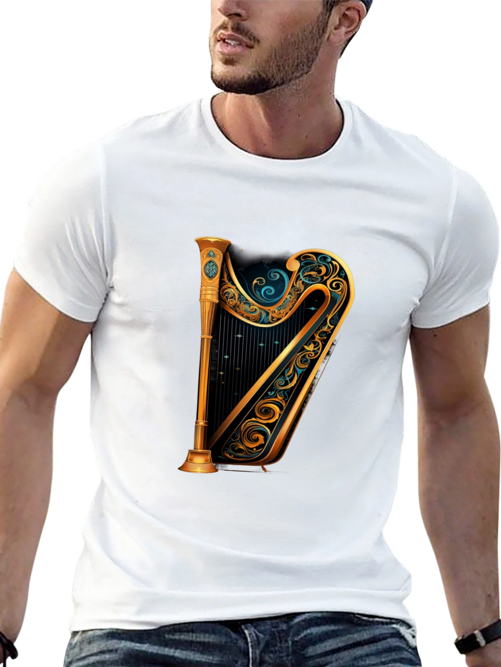 Elegant Golden Harp Graphic Black T-Shirt