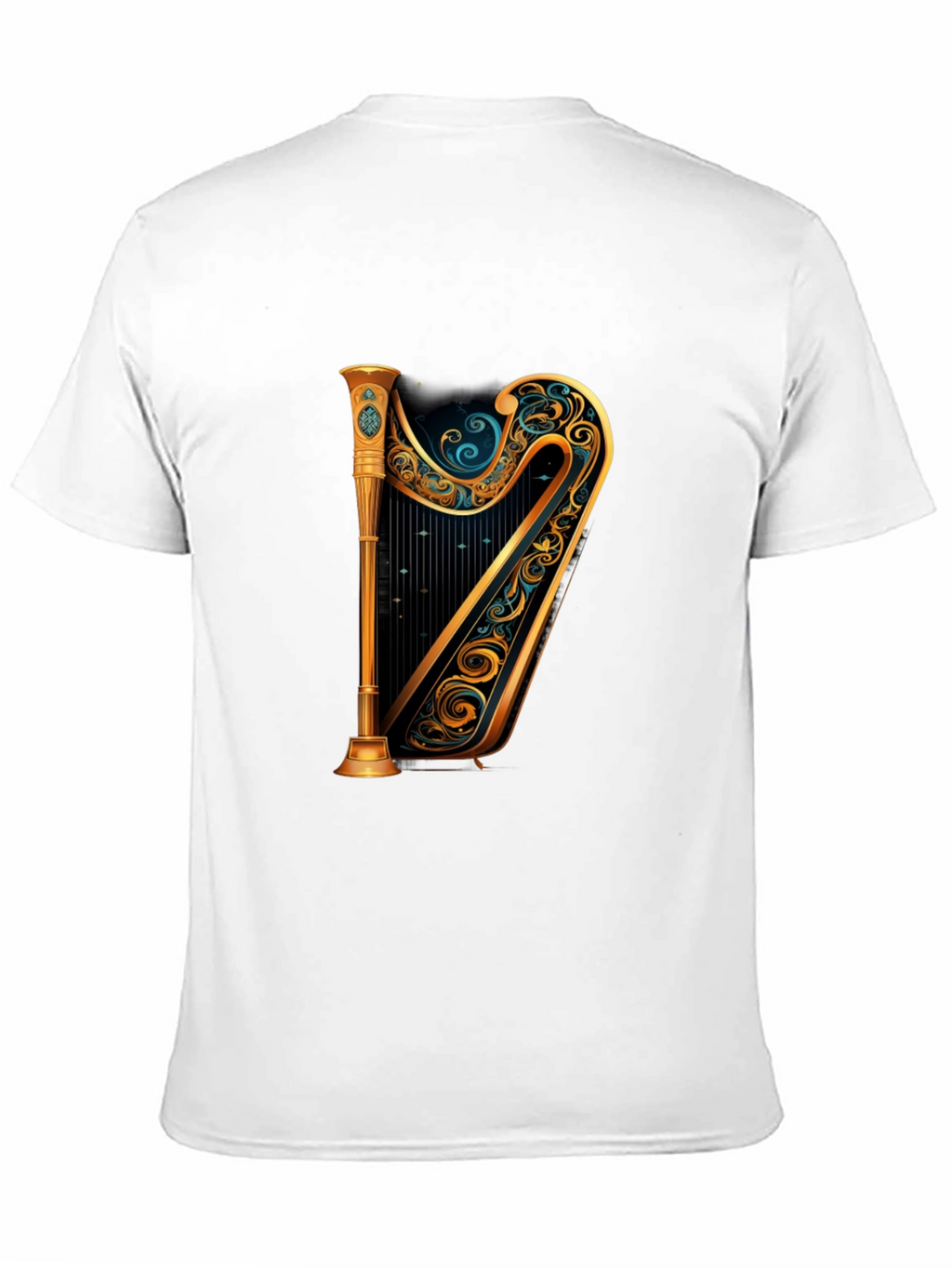 Elegant Golden Harp Graphic Black T-Shirt