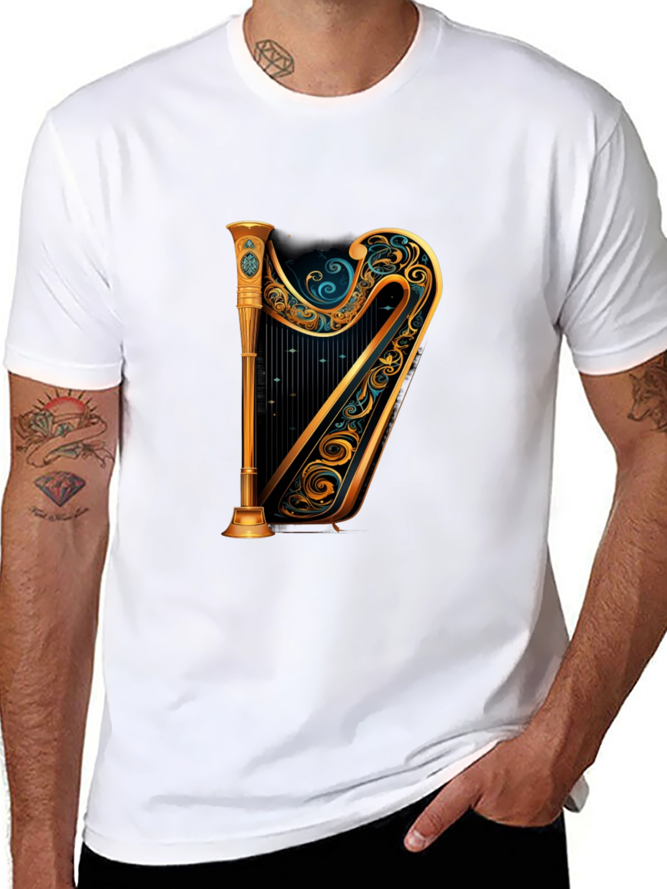 Elegant Golden Harp Graphic Black T-Shirt