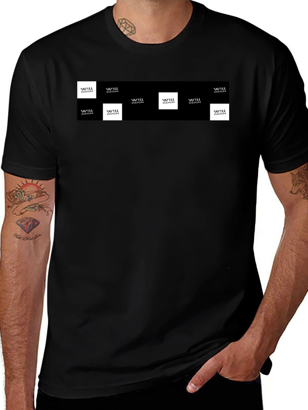 Mens Black Graphic Tee with Logo Squares