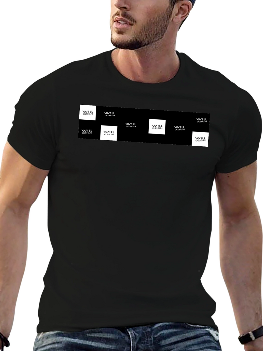 Mens Black Graphic Tee with Logo Squares