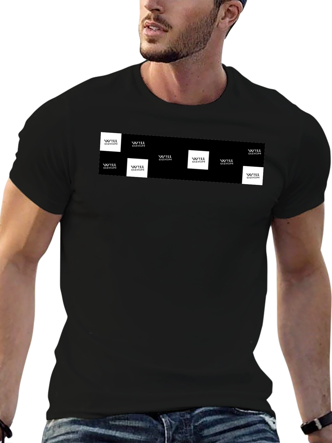 Mens Black Graphic Tee with Logo Squares