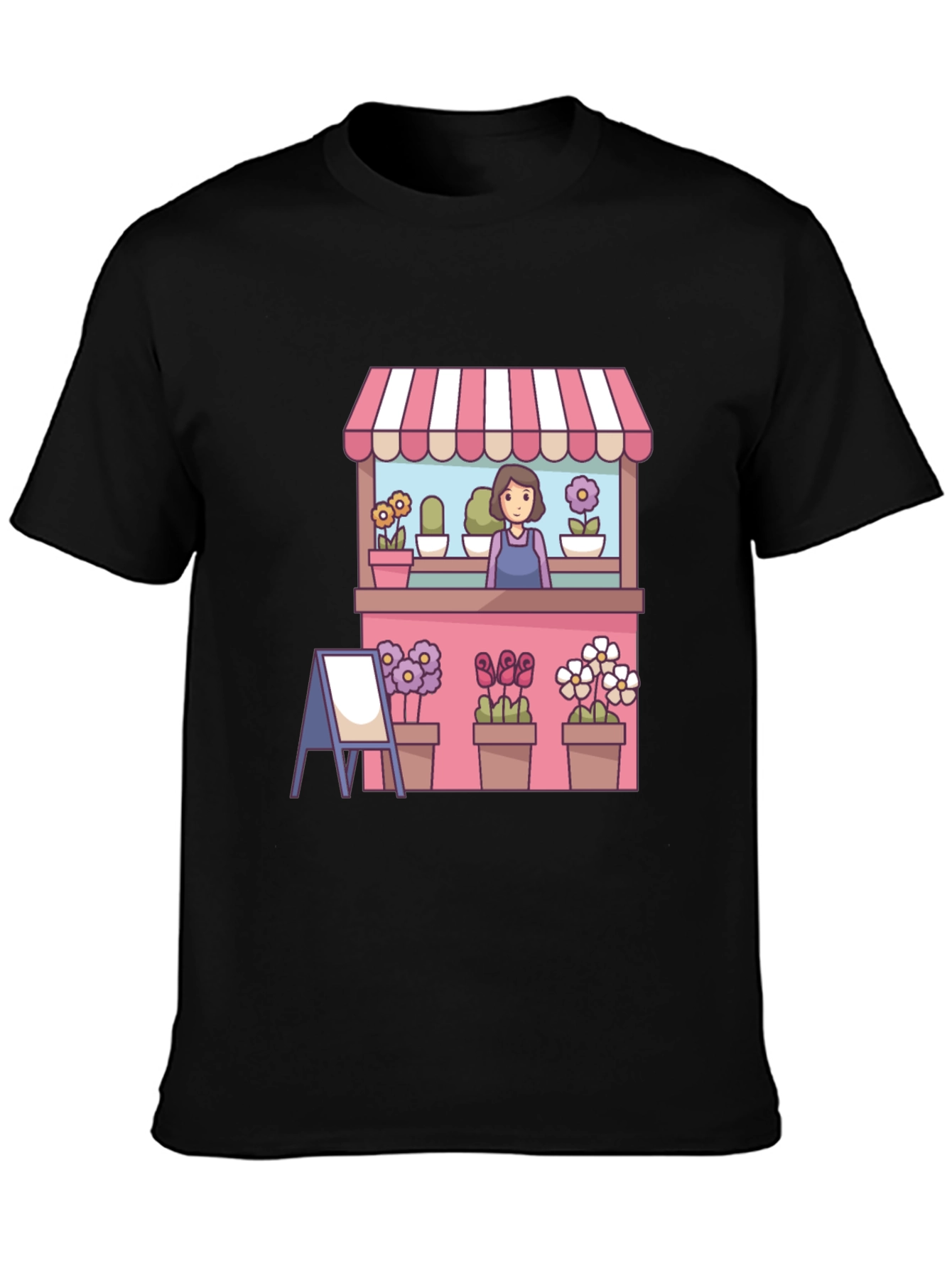 Florist Cartoon Graphic Tee - Black Casual T-Shirt