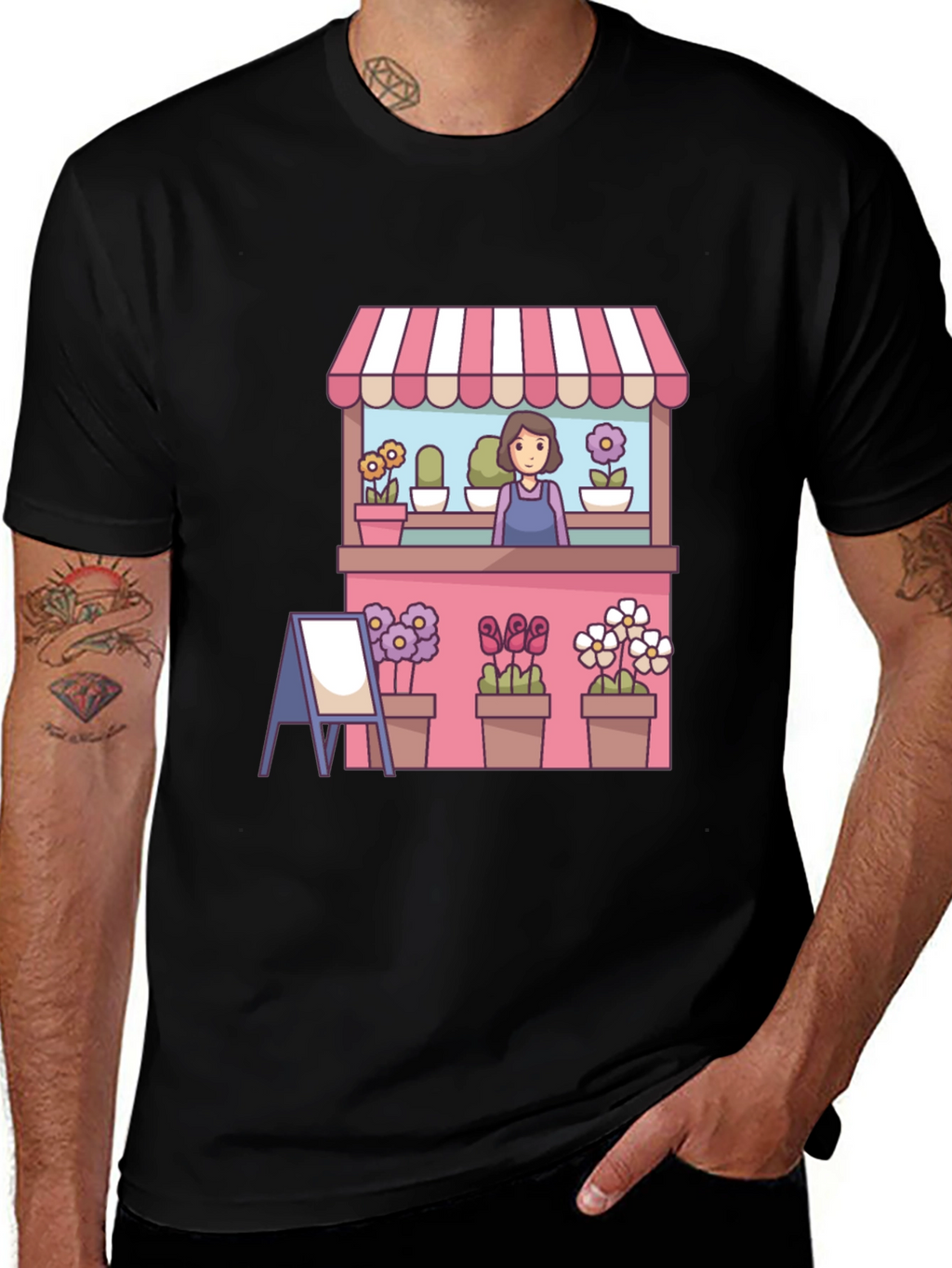 Florist Cartoon Graphic Tee - Black Casual T-Shirt