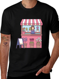 Florist Cartoon Graphic Tee - Black Casual T-Shirt