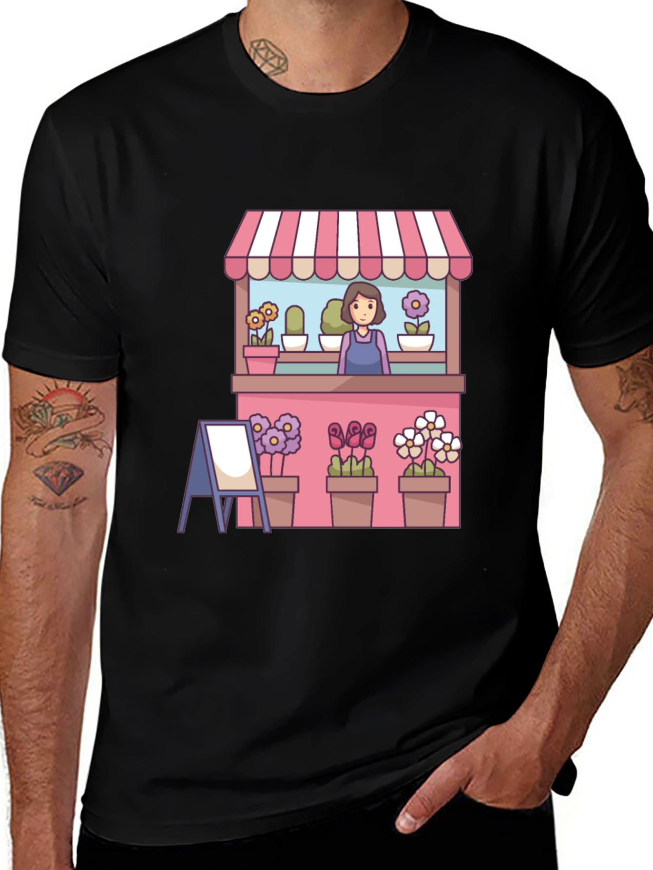 Florist Cartoon Graphic Tee - Black Casual T-Shirt