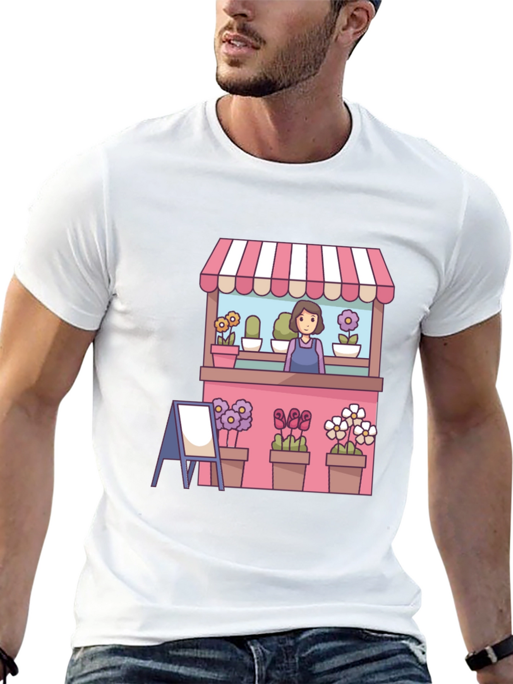 Florist Cartoon Graphic Tee - Black Casual T-Shirt