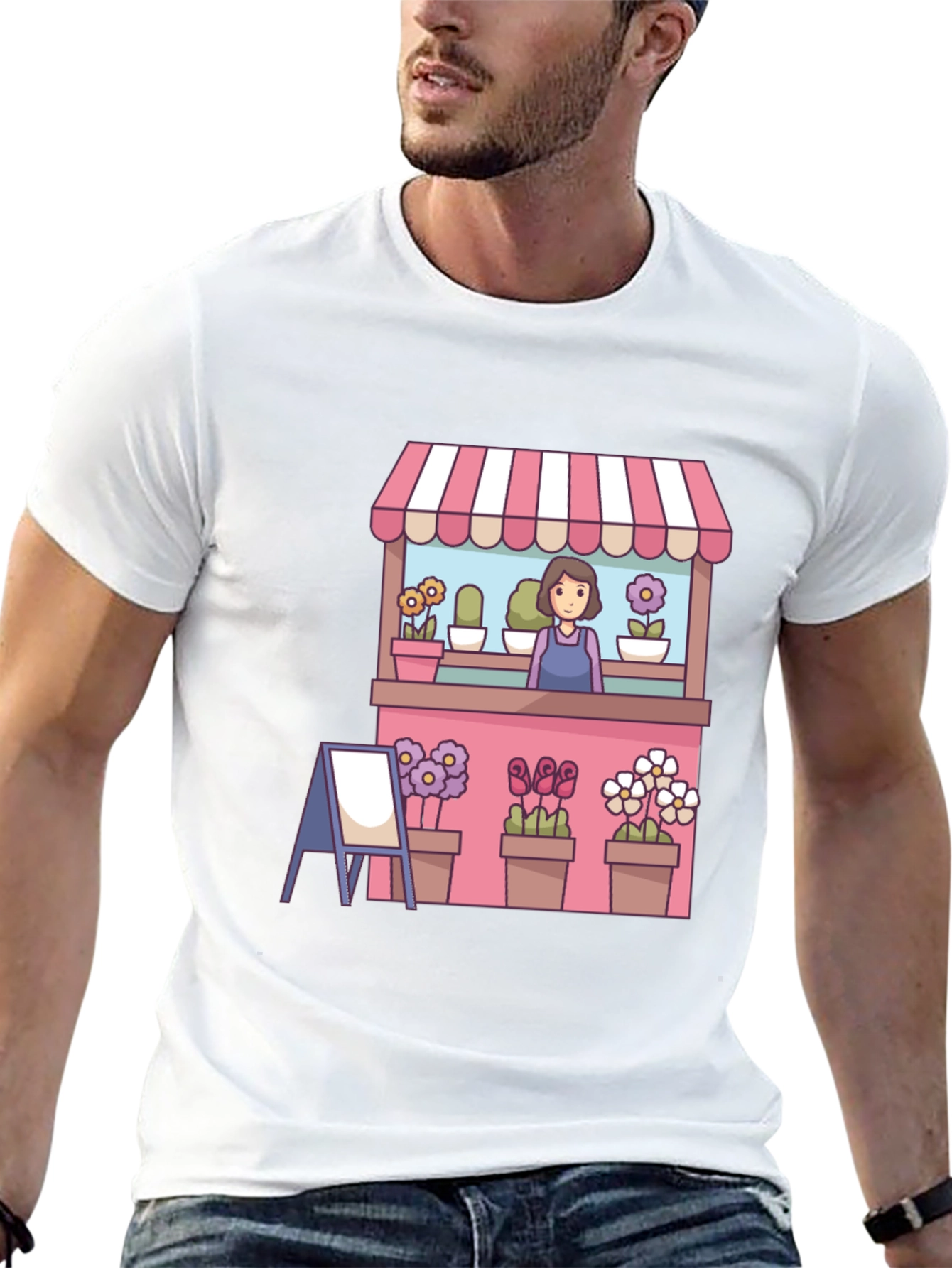 Florist Cartoon Graphic Tee - Black Casual T-Shirt