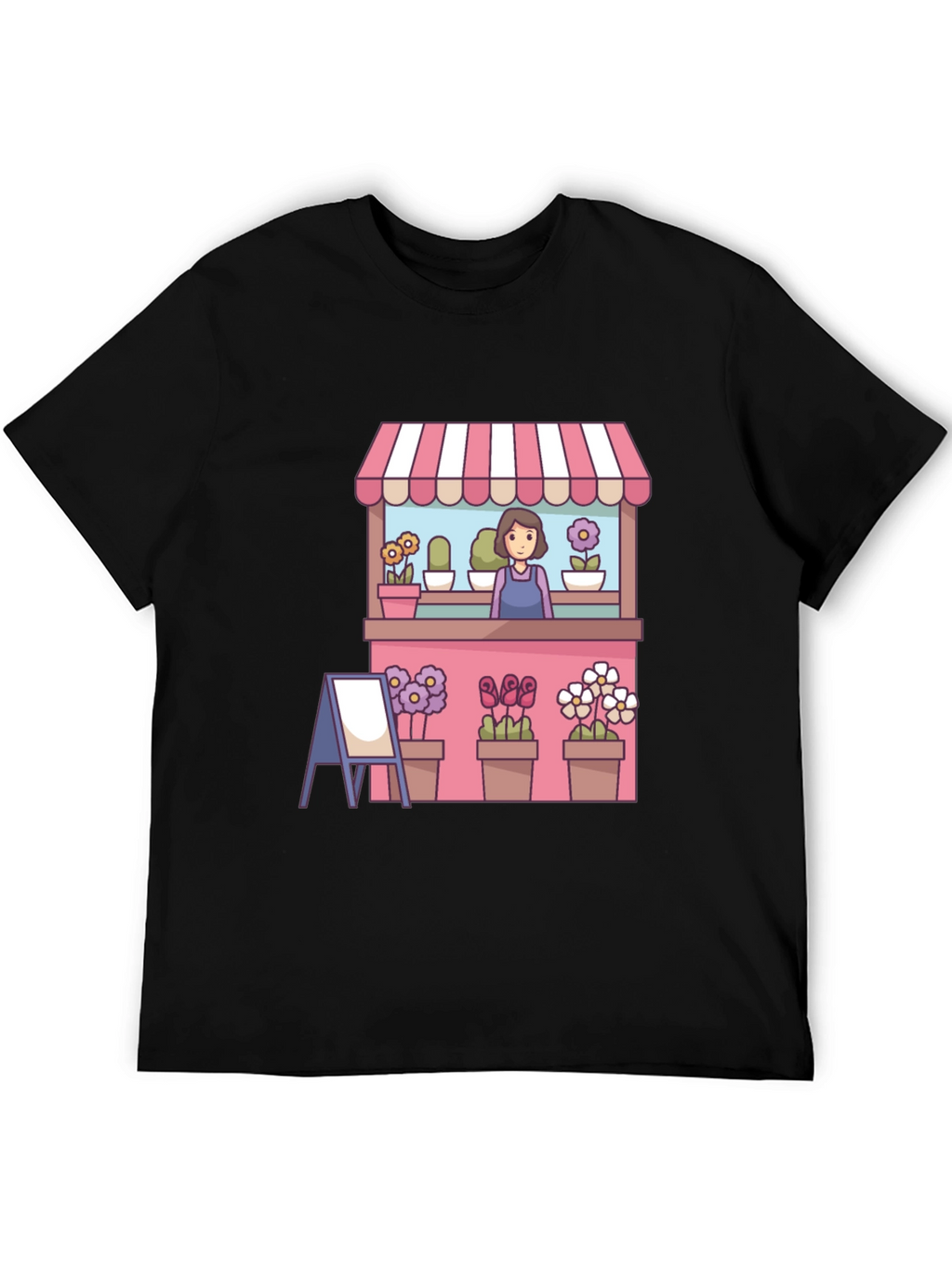 Florist Cartoon Graphic Tee - Black Casual T-Shirt
