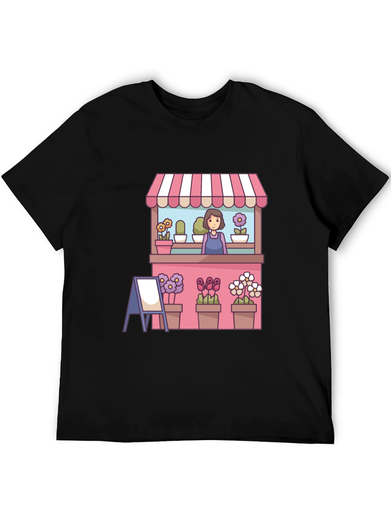 Florist Cartoon Graphic Tee - Black Casual T-Shirt