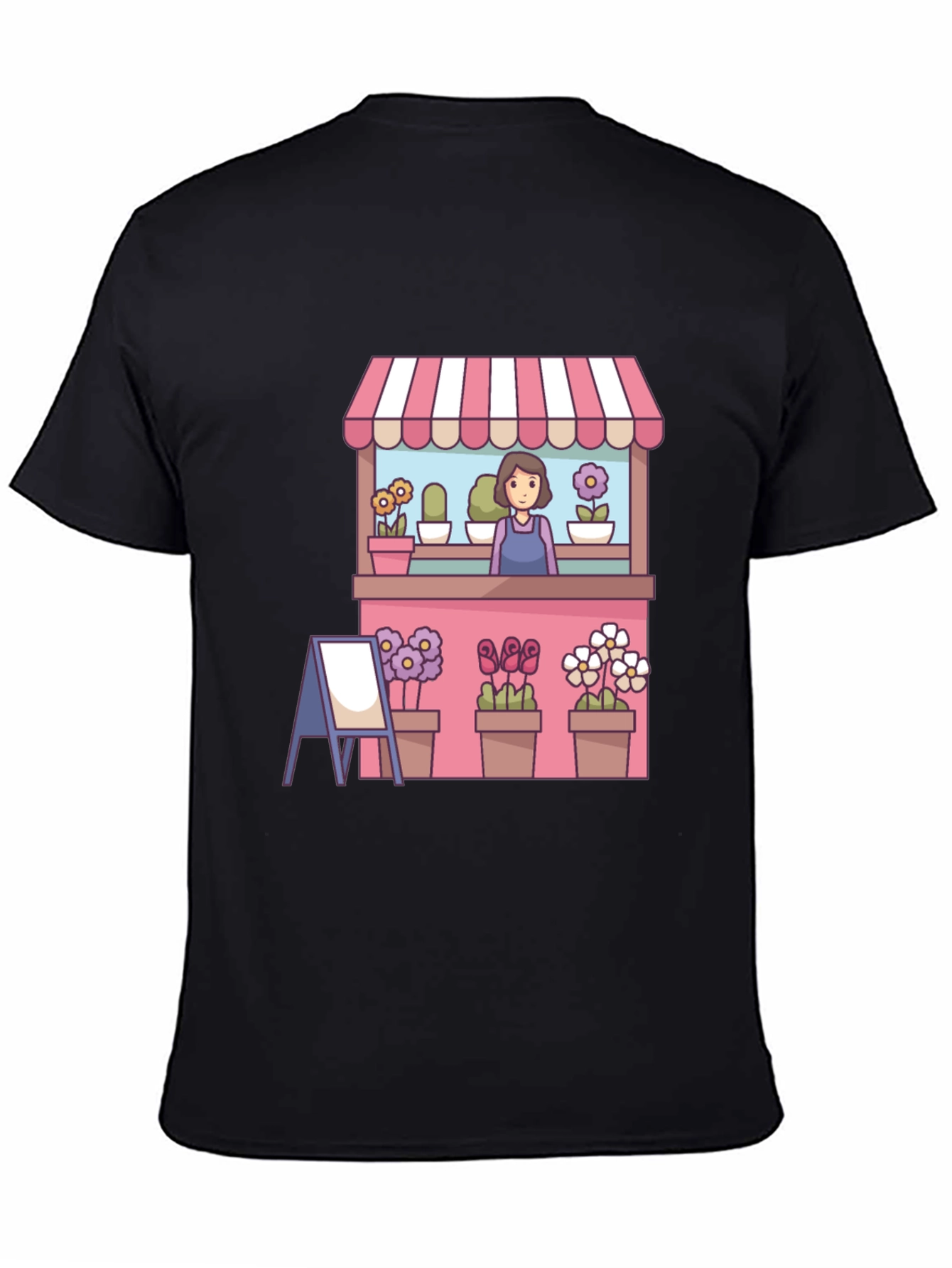 Florist Cartoon Graphic Tee - Black Casual T-Shirt