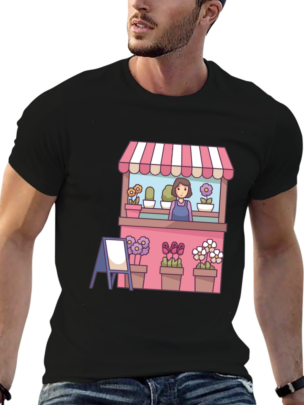 Florist Cartoon Graphic Tee - Black Casual T-Shirt