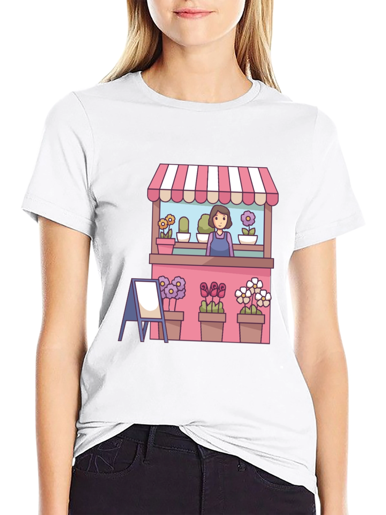 Florist Cartoon Graphic Tee - Black Casual T-Shirt