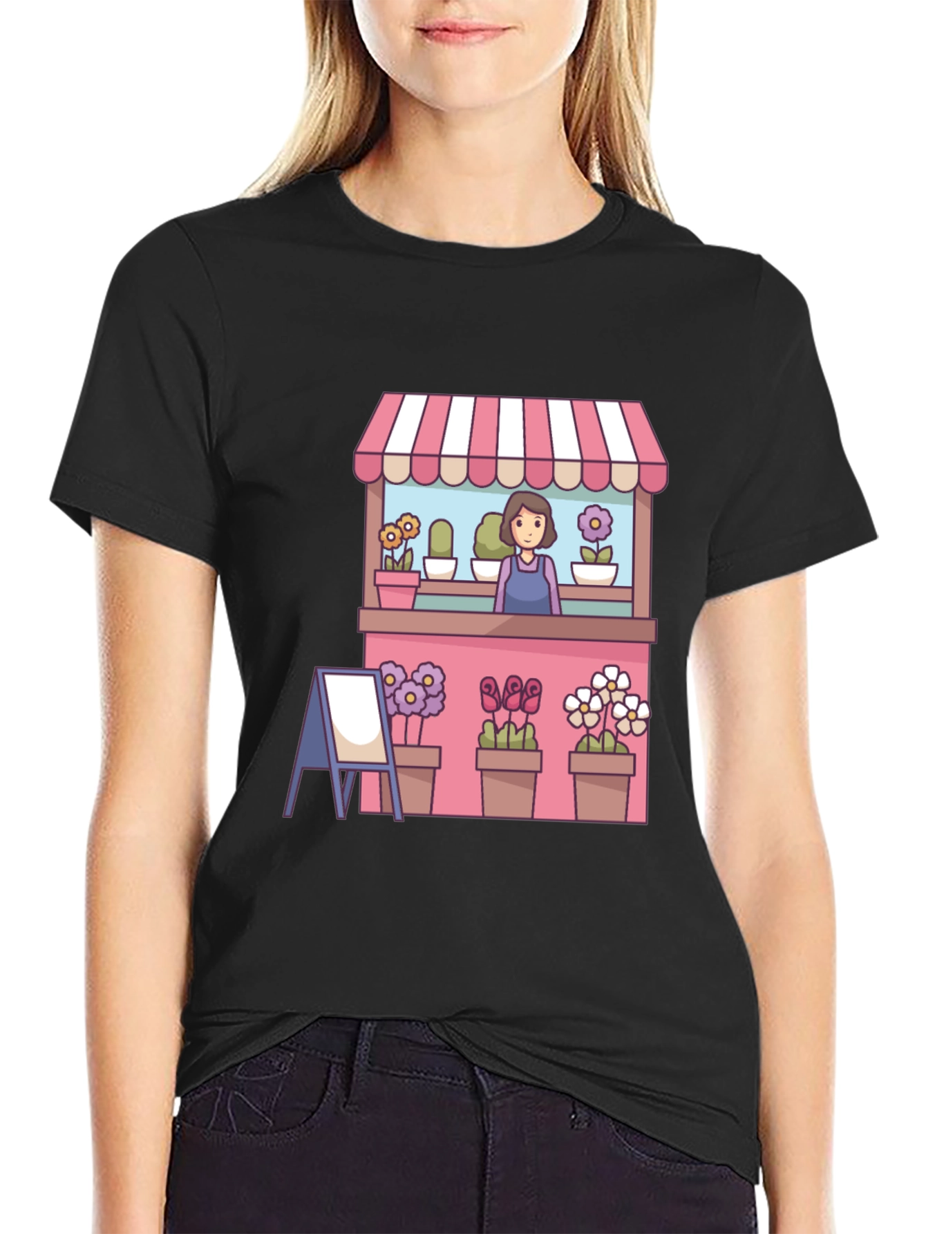 Florist Cartoon Graphic Tee - Black Casual T-Shirt