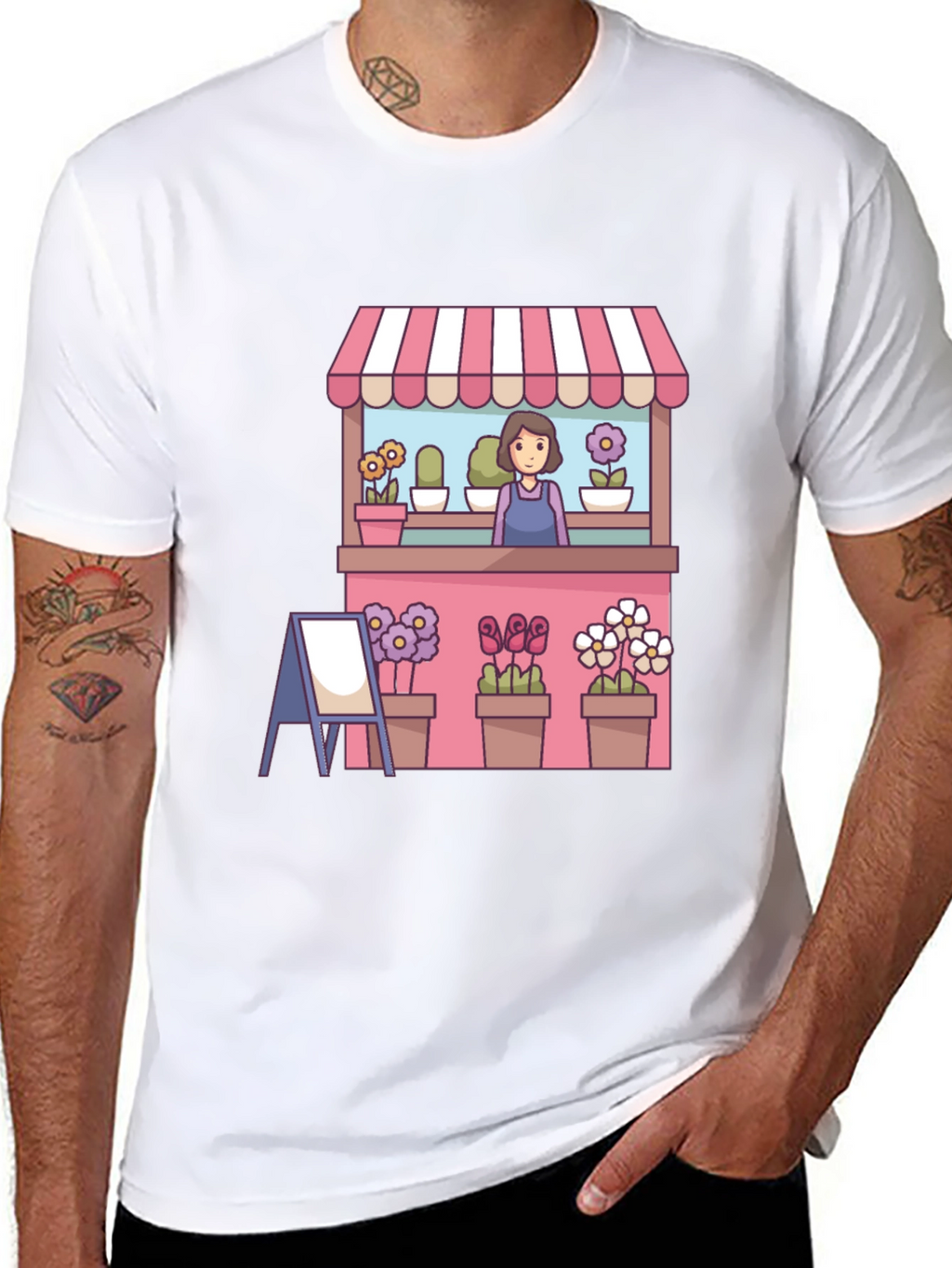 Florist Cartoon Graphic Tee - Black Casual T-Shirt