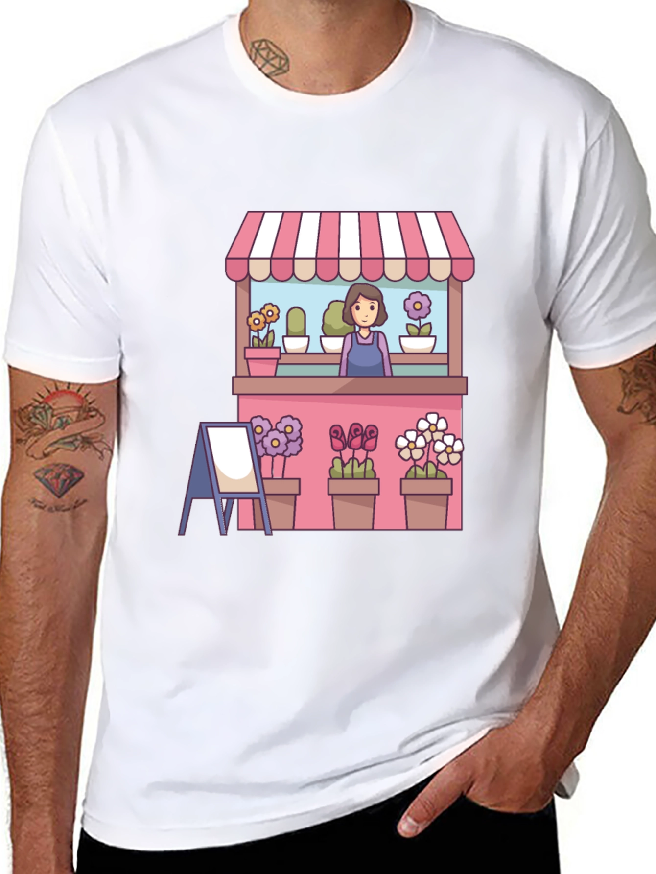 Florist Cartoon Graphic Tee - Black Casual T-Shirt