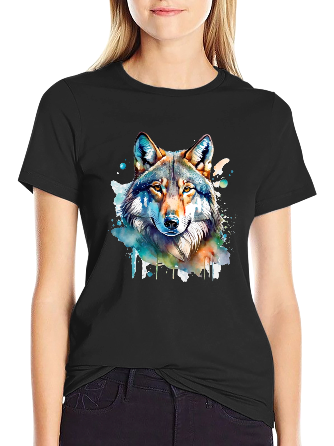 Wolf Watercolor Graphic Black T-Shirt