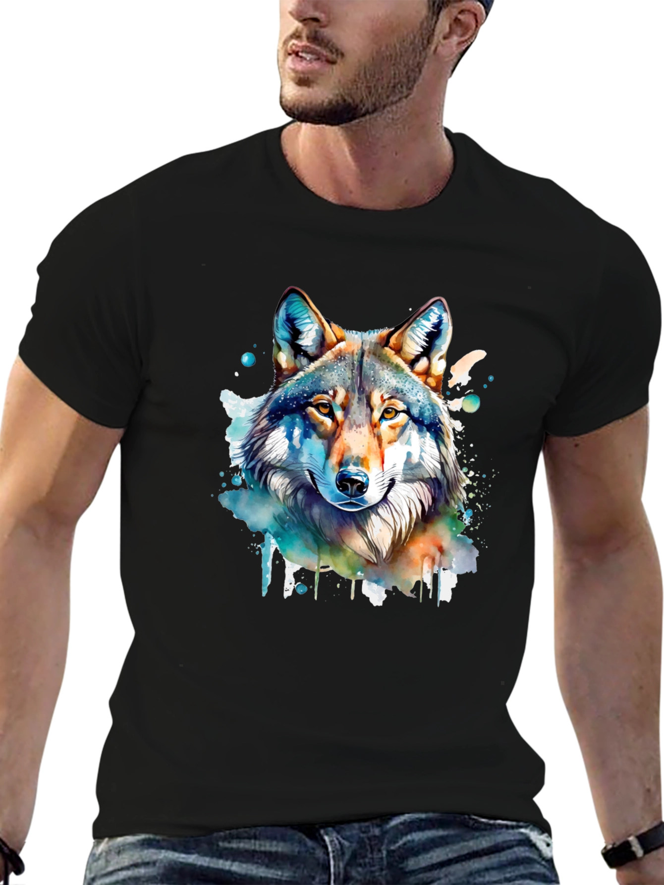 Wolf Watercolor Graphic Black T-Shirt